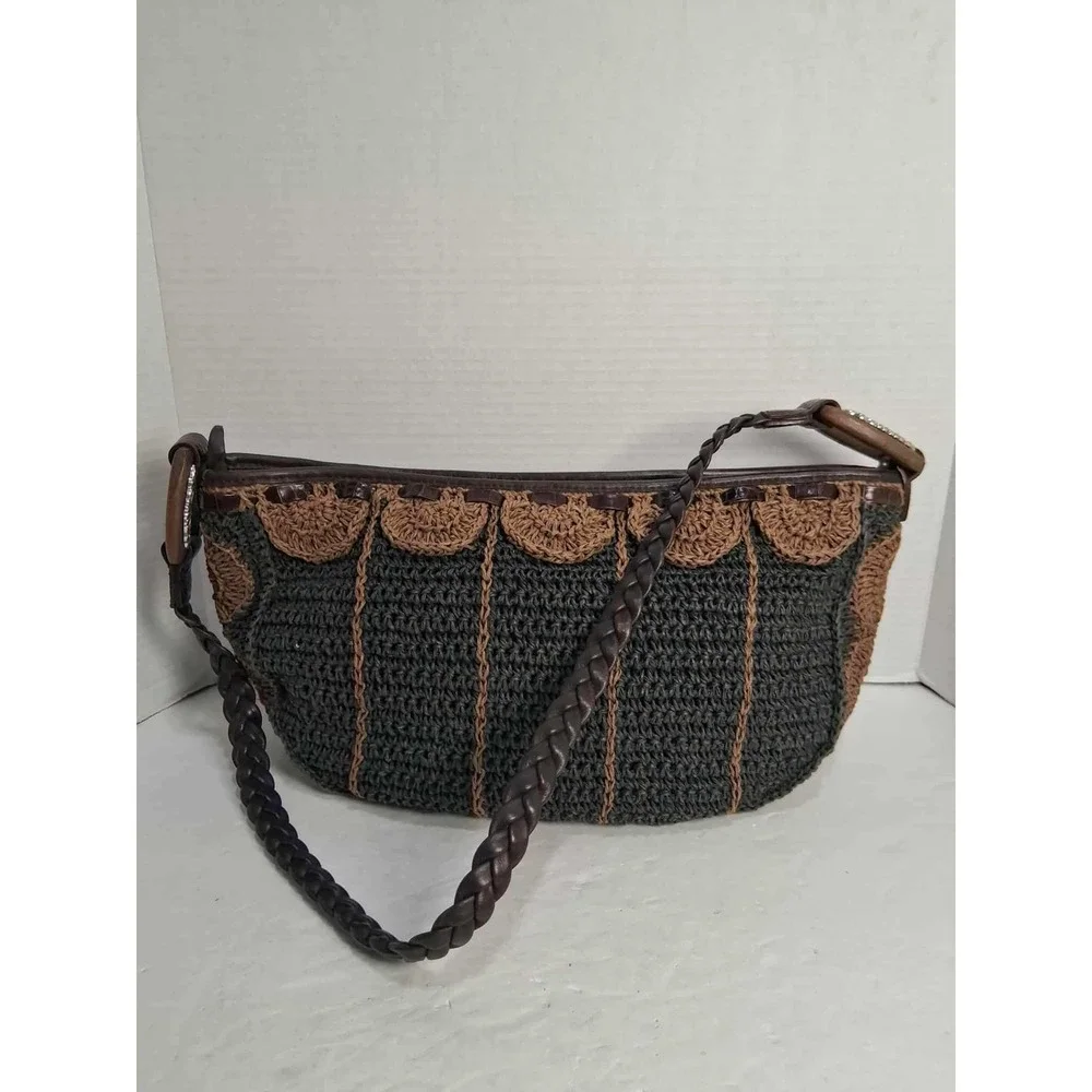Brighton Hobo Purse Brown‎ Tan Crochet Leather Heart Charm Shoulder Bag